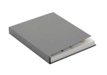 A closed gray hardcover book with a slightly open dust jacket isolated on transparent background