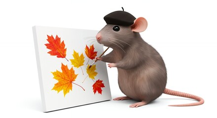 Rat artist painting autumn leaves