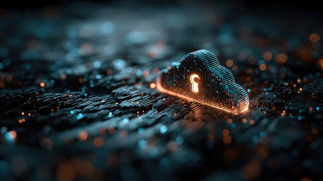 Close-up of padlocked digital cloud interface with AI shield icon, vibrant data streams behind security layer highlighting advanced protection of private information