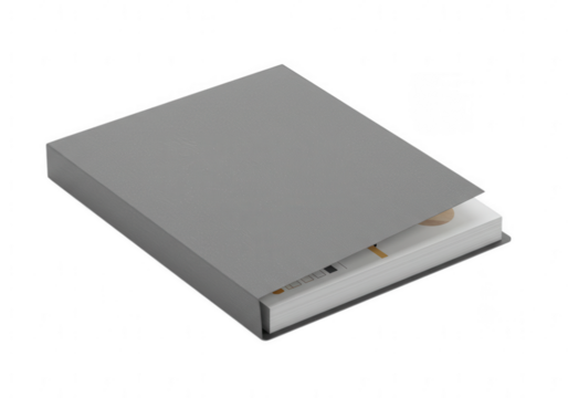 A closed gray hardcover book with a slightly open dust jacket isolated on transparent background