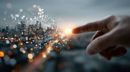 Close-up of hand swiping in mid-air through 3D interface of floating icons, background blurred city skyline visible through glass walls, evoking gesture tech in action