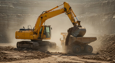 Heavy-duty excavator loading earth into a large dump truck at a dusty open-pit mine or quarry site
