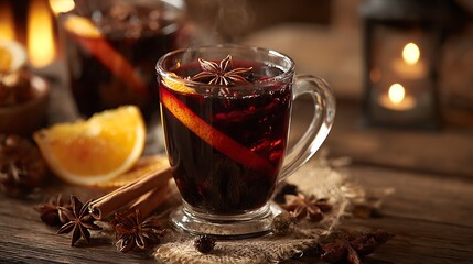 Mulled wine steams in glass mug. Festive drink with spices on rustic table. Perfect for holiday marketing, blog, or design.