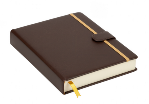 A classic dark brown leather bound journal with a golden elastic closure and ribbon bookmark isolated on transparent background