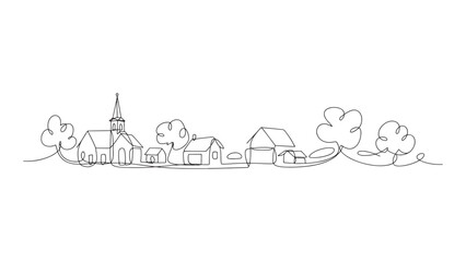 Continuous Line Drawing of a Rural Landscape with Houses, Trees, and a Church Silhouette