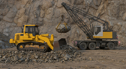 Heavy Equipment Operating in a Rock Quarry, Excavating and Moving Stone Materials for Industrial Use