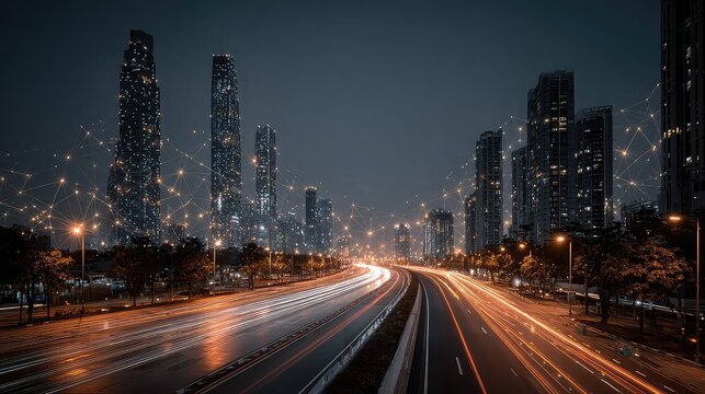 Cityscape pulsing with AI neural lines connecting smart zones, skyscrapers glow brighter in response to live data, autonomous transit flows perfectly in sync
