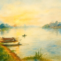 Tranquil Morning on the Riverside with Longtail Boats &ndash; Watercolor Style. Thailand