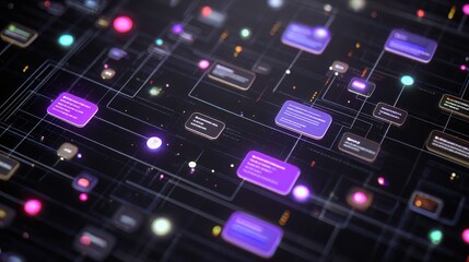 Fototapeta premium Futuristic Network with Glowing Nodes Connecting Data Points on Dark Surface