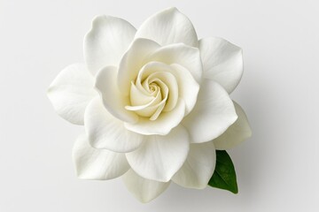 Pure white gardenia blossom showcasing intricate petal details against seamless white backdrop