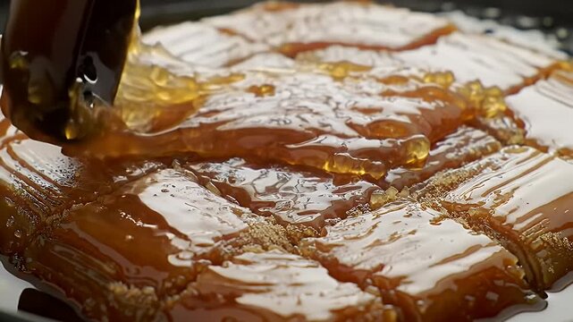 Delicious Biko Close Up Glistening with Caramelized Coconut Topping on a Black Platter Sweet Filipino Rice Cake Kakanin Treat Perfect for Bakery Promotions and Festive Celebrations