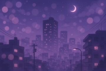 Naklejka premium Relaxing lo-fi aesthetic cityscape with purple neon lights and anime-inspired atmospheric vibes