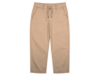 Wide khaki pants are shown with an elastic drawstring waistband on a white background. Suitable for fashion and casual apparel concepts.
