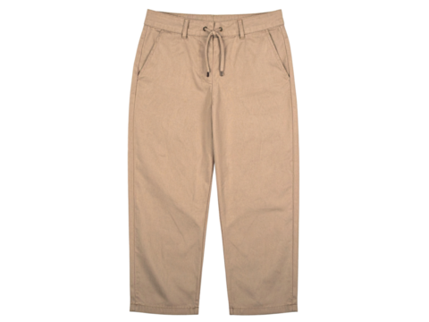 Wide khaki pants are shown with an elastic drawstring waistband on a white background. Suitable for fashion and casual apparel concepts.