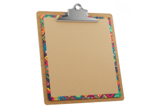 A decorative clipboard with a blank sheet of paper and a metal clip isolated on transparent background