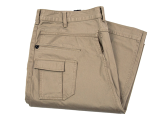 Pair of folded light brown cargo pants on white background. Suitable for clothing store promotions, fashion blogs, and ecommerce websites.
