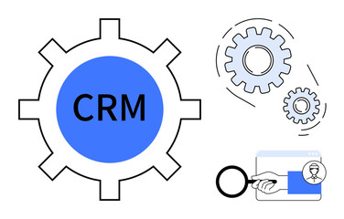 CRM concept with a central gear, smaller cogwheels, and a hand holding a magnifying glass over a browser. Ideal for customer management, system analysis, teamwork, integration, optimization, data