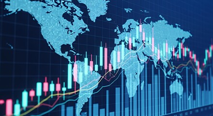 Digital World Map with Financial Data Charts Showing Global Market Trends