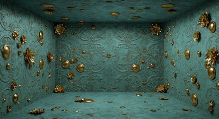 Empty square room with embossed metallic green-blue baroque details and with buttons and metal gold flowers on wall
