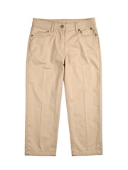 Pair of tan cropped pants on white, ideal for fashion blogs, social media posts, or advertisement backgrounds needing a stylish touch.