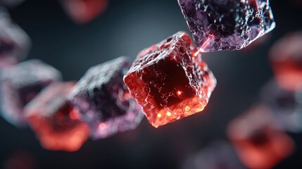 Blockchain-based interface visualizes transaction chains as floating cubes linking in real time, contract updates animate across screen as validator pulses glow