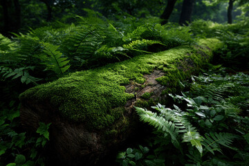 Obraz premium Moss-covered log surrounded by vibrant ferns in a forest