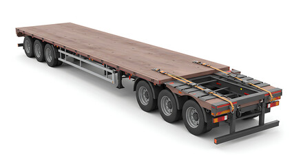 Industrial Flatbed Semi-Trailer on White Background for Heavy Cargo Transport