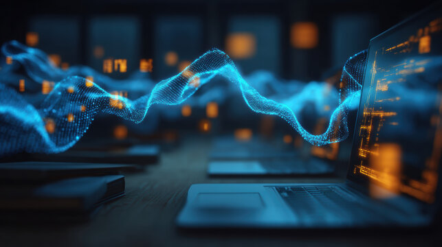 Digital technology data visualization computer abstract glowing blue wave information innovation futuristic network programming software connectivity virtual modern workspace electronics design