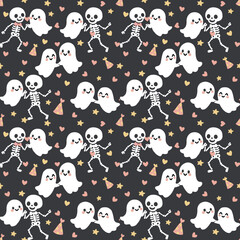 Cute Halloween-themed seamless repeat of skeletons and ghosts