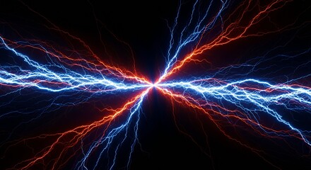 Electric Lightning Bolts Bright Blue and Red Sparks in Dark Night Sky