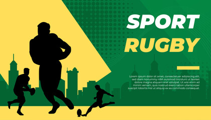 Rugby Sport Banner Design with Silhouette Players and Urban Background