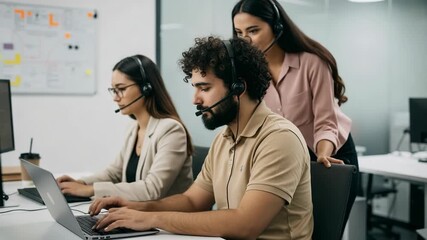 A diverse team of customer service representatives are working in a modern call center environment with headsets - Powered by Adobe