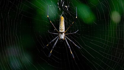A detailed macro view of a golden orb-weaver spider patiently waiting in its intricate web against a dark, natural jungle background.