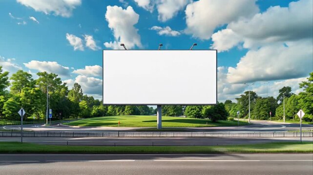 Blank billboard advertising display situated above a highway roundabout and lush greenery