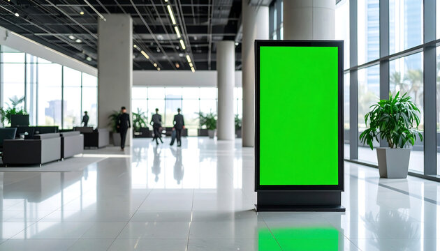 Modern lobby with blank green screen display for advertisement, Office interior with digital advertising display - Powered by Adobe