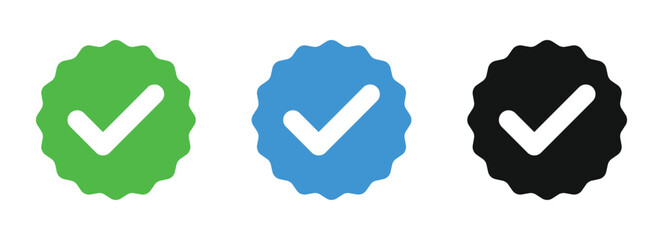 Tick check mark icon. Green, blue and black color social media verified badge vector sign