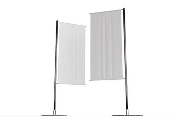 3D Flying Feather Flag Banner Stand Mockup isolated on background. Blank template waving flags on flagpoles for branding, promotion, marketing, advertising, banners, exhibition, event or announcement