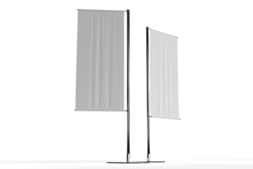 3D Flying Feather Flag Banner Stand Mockup isolated on background. Blank template waving flags on flagpoles for branding, promotion, marketing, advertising, banners, exhibition, event or announcement