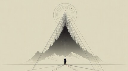 A solitary figure journeys towards a monumental structure.