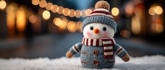 Snowman in snow with blurred lights