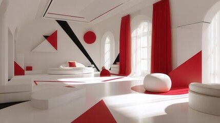 Abstract, modern bedroom with bold red and black accents.