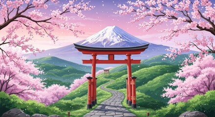 Mount Fuji and Torii Gate with Pink Cherry Blossoms in Anime Art Style