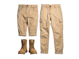 Two pairs of khaki pants and tan work boots. Ideal for featuring workwear, uniform, construction, or industrial themes in design projects.
