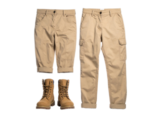 Two pairs of khaki pants and tan work boots. Ideal for featuring workwear, uniform, construction, or industrial themes in design projects.