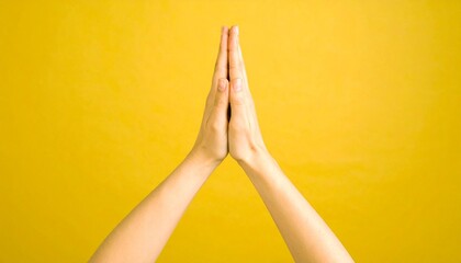 Two hands pressed together in a prayerful or respectful gesture against a yellow background.