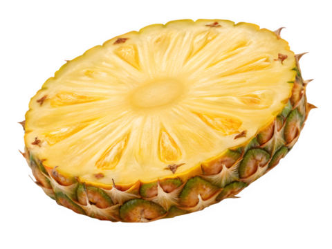 Cross section of a ripe pineapple showing its juicy yellow flesh and textured rind