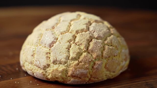 Delicious Concha Mexican Sweet Bread Close Up View on Dark Wooden Table Perfect for Bakery Pastry and Cake Promotions Professional Studio Shot. Traditional Culinary Still Life