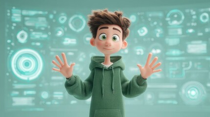 Animated avatar conversing fluently with user across holographic interface, fluid gestures and natural expressions powered by conversational intelligence and language tech