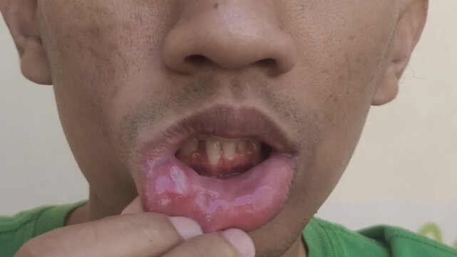 Extreme closeup of the lips of a man with canker sores or mouth ulcer or aphthous stomatitis or aphthous ulcer