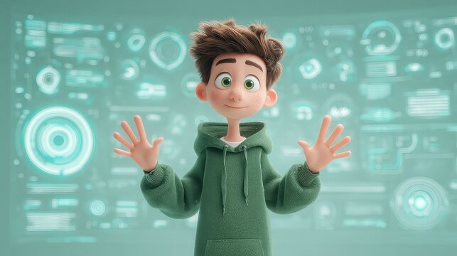 Animated avatar conversing fluently with user across holographic interface, fluid gestures and natural expressions powered by conversational intelligence and language tech